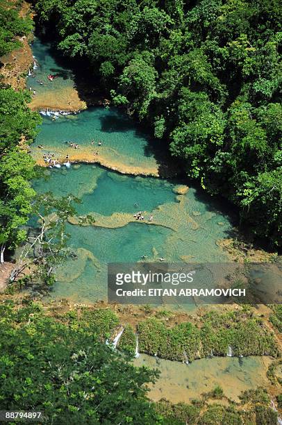 Aerial view taken on June 28 of Semuc Champey National Park in the department of Alta Verapaz, Guatemala. The Natural monument of Semuc Champey,...