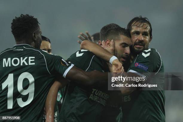 Konyaspor midfielder Mehdi Bourabia from Morrocos celebrates scoring Konyaspor goal with his team mates during the match between Vitoria Guimaraes...