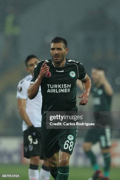 Konyaspor midfielder Mehdi Bourabia from Morrocos celebrates scoring Konyaspor goal during the match between Vitoria Guimaraes and Atiker Konyaspor...