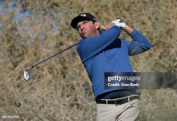 Ryan Baca plays a tee shot on the seventh hole during the first round of the Web.com Tour Qualifying Tournament at Whirlwind Golf Club on the Devil's...