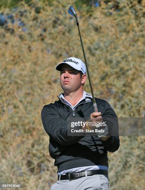 Bobby Gates plays a tee shot on the seventh hole during the first round of the Web.com Tour Qualifying Tournament at Whirlwind Golf Club on the...