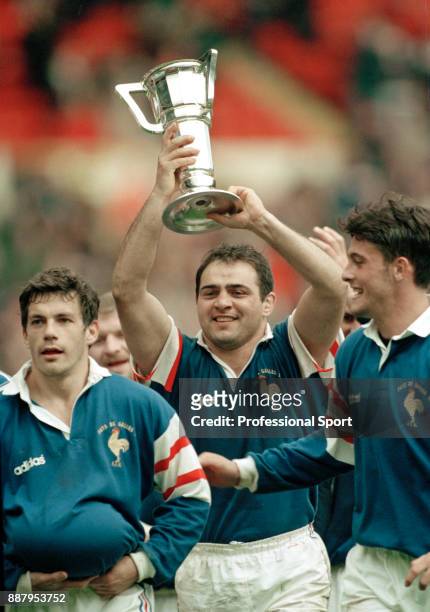 Captain of France Raphael Ibanez with the trophy after winning the Five Nations rugby union Grand Slam following their victory over Wales at Wembley...