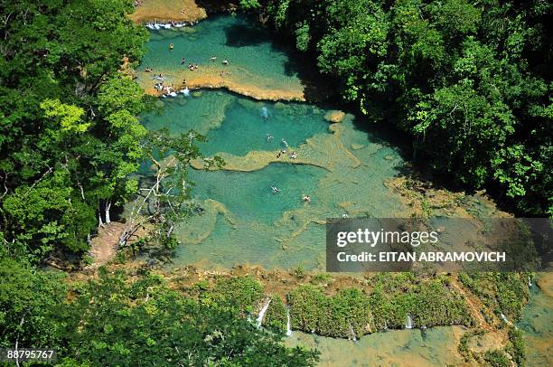 Aerial view taken on June 28 of Semuc Champey National Park in the department of Alta Verapaz, Guatemala. The Natural monument of Semuc Champey,...