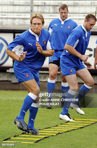 British Jonny Wilkinson exercises during the a Rugby Club Toulon first training session of the new season at the Stade Mayol in Toulon on July 2,...