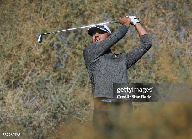 Kevin Lucas plays a tee shot on the seventh hole during the first round of the Web.com Tour Qualifying Tournament at Whirlwind Golf Club on the...