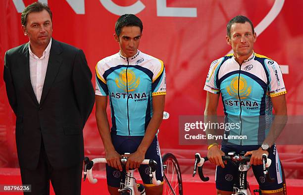 Astana Team members Johan Bruyneel, Alberto Contador and Lance Armstrong attend the Official Team Presentation for 2009 Tour de France on July 2,...