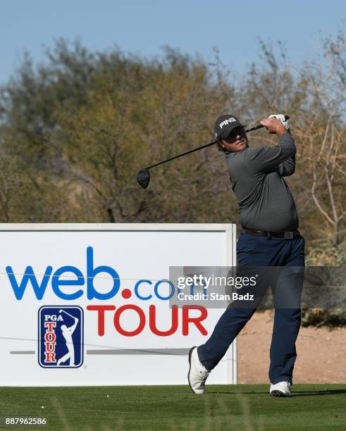 Riley Davenport plays a tee shot on the 18th hole during the first round of the Web.com Tour Qualifying Tournament at Whirlwind Golf Club on the...