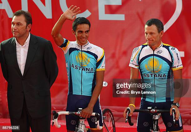 Astana Team members Johan Bruyneel, Alberto Contador and Lance Armstrong attend the Official Team Presentation for 2009 Tour de France, on July 2,...