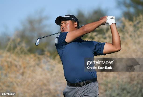 Gunn Yang plays a tee shot on the ninth hole during the first round of the Web.com Tour Qualifying Tournament at Whirlwind Golf Club on the Devil's...
