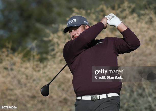 Kyle Jones plays a tee shot on the ninth hole during the first round of the Web.com Tour Qualifying Tournament at Whirlwind Golf Club on the Devil's...