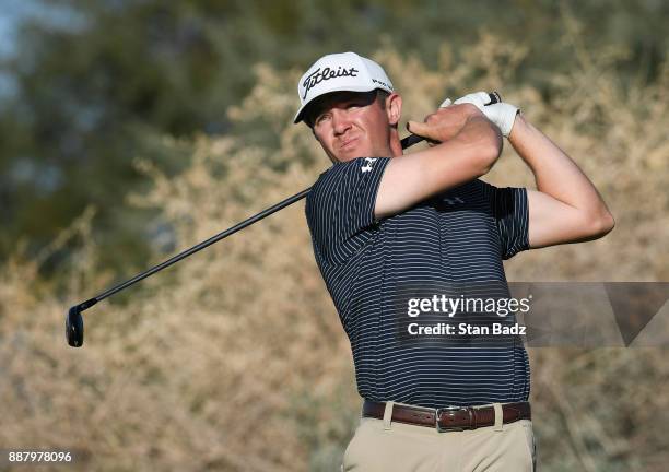 Michael Weaver plays a tee shot on the ninth hole during the first round of the Web.com Tour Qualifying Tournament at Whirlwind Golf Club on the...