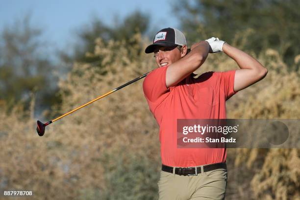 Griffin plays a tee shot on the ninth hole during the first round of the Web.com Tour Qualifying Tournament at Whirlwind Golf Club on the Devil's...