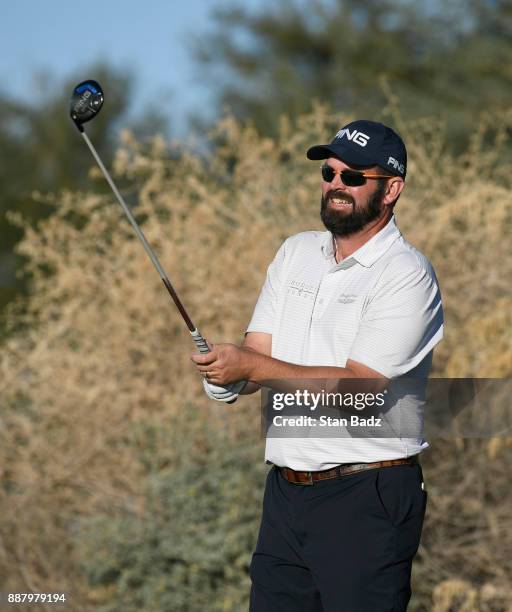 Edward Loar plays a tee shot on the ninth hole during the first round of the Web.com Tour Qualifying Tournament at Whirlwind Golf Club on the Devil's...