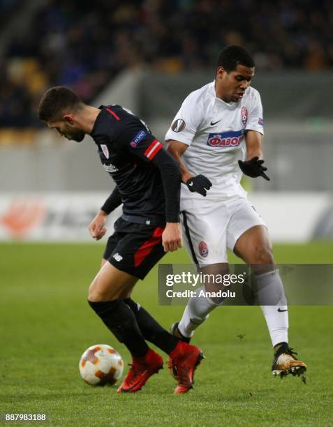 Iury of Zorya Luhansk in action against Aymeric Laporte of Athletic Bilbao during the UEFA Europa League Group J soccer match between Zorya Luhansk...