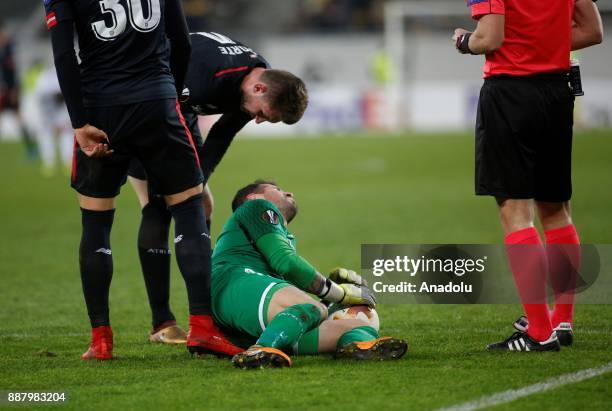 Iago Herrerín of Athletic Bilbao is seen after an injury during the UEFA Europa League Group J soccer match between Zorya Luhansk and Athletic Bilbao...