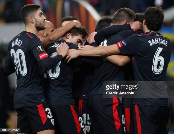 Players of Athletic Bilbao celebrate after scoring a goal during the UEFA Europa League Group J soccer match between Zorya Luhansk and Athletic...
