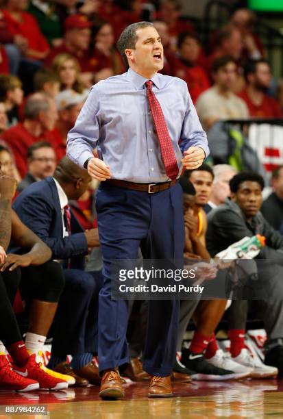 Head coach Steve Prohm of the Iowa State Cyclones coaches from the bench in the first half of play against the Iowa Hawkeyes at Hilton Coliseum on...