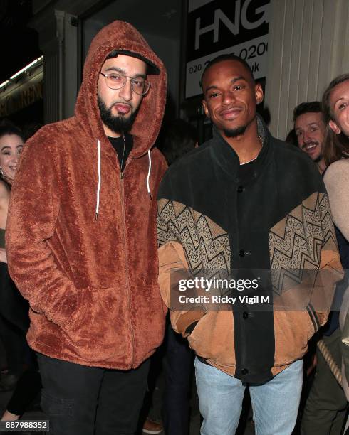 Mustafa and Jamaal of Rak-Su seen arriving at Mahiki club in Mayfair on December 7, 2017 in London, England.