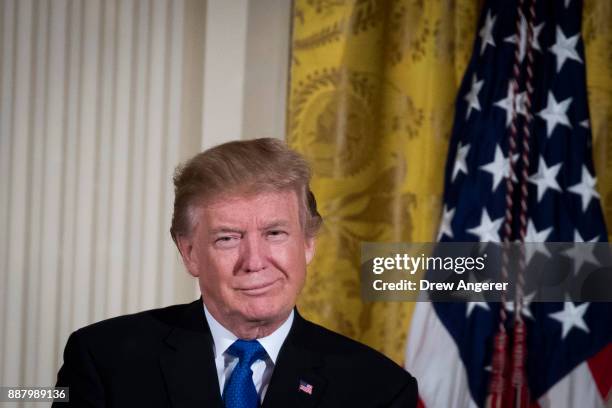 President Donald Trump attends a Hanukkah Reception in the East Room of the White House, December 7, 2017 in Washington, DC. Hanukkah begins on the...