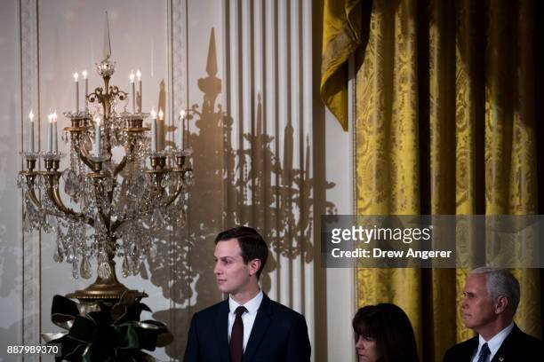 White House Senior Advisor to the President Jared Kushner, Karen Pence and Vice President Mike Pence attend a Hanukkah Reception in the East Room of...