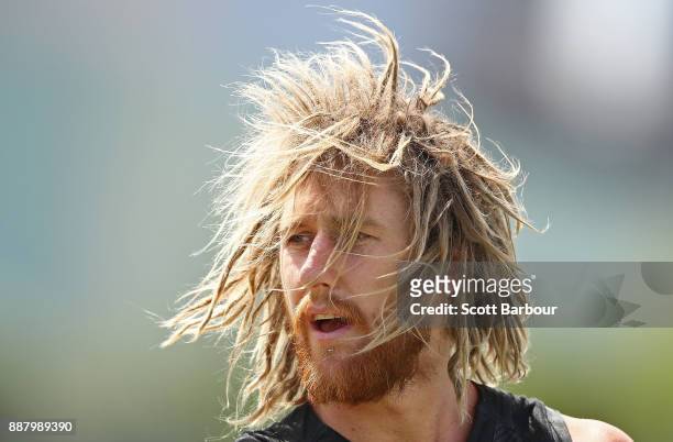 Dyson Heppell of the Bombers looks on during an Essendon Bombers Media Announcement & Training Session at Essendon Football Club on December 8, 2017...