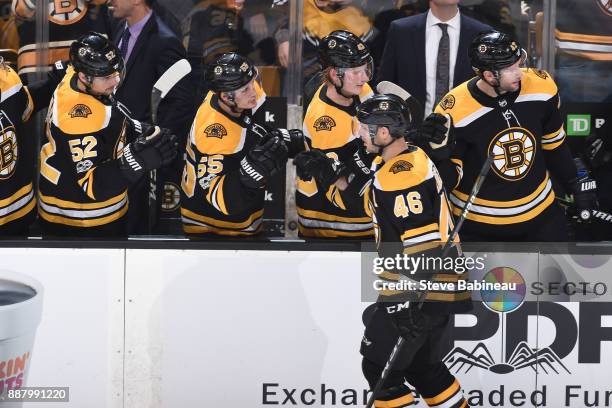 David Krejci of the Boston Bruins celebrates his third period goal against the Arizona Coyotes at the TD Garden on December 7, 2017 in Boston,...