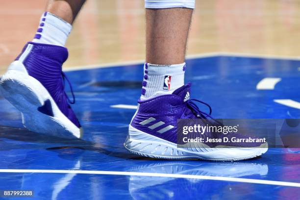 The shoes worn by Larry Nance Jr. #7 of the Los Angeles Lakers are seen during the game against the Philadelphia 76ers on December 7, 2017 at Wells...