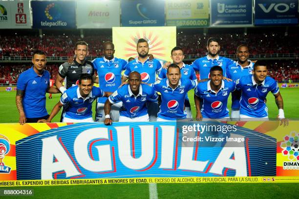 Players of Millonarios pose for a team photo prior to a match for the first leg semifinal of Liga Aguila II 2017 at Pascual Guerrero Stadium on...