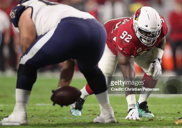 Defensive end Frostee Rucker of the Arizona Cardinals lines up during the NFL game against the Los Angeles Rams at the University of Phoenix Stadium...