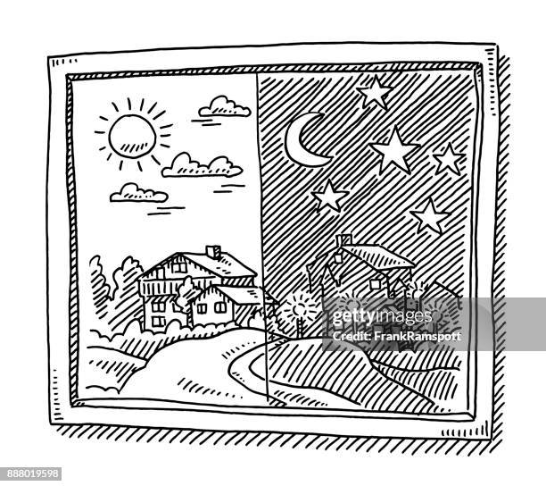 window view day and night drawing - looking through window stock illustrations