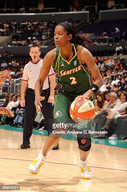Swin Cash of the Seattle Storm drives to the basket during the game against the Los Angeles Sparks on June 28, 2009 at Staples Center in Los Angeles,...