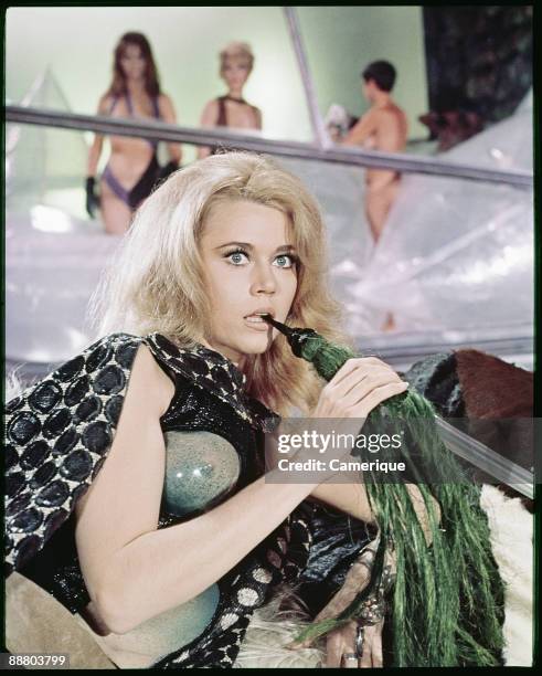Barbarella shows a look of surprise in a scene from the science fiction movie "Barbarella", 1968.