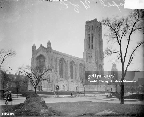 Exterior view of Rockefeller Chapel, designed by architect Bertram Goodhue, looking northwest from South Woodlawn Avenue, located on the University...