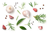 Garlic, Rosemary, Bay Leaves, Allspice, Pepper Isolated on White Background