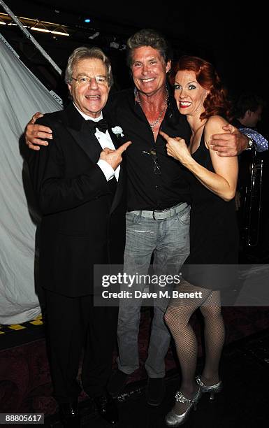 Television personality Jerry Springer, actor David Hasselhoff and actress Leigh Zimmerman attend the musical "Chicago" at the Cambridge Theatre on...