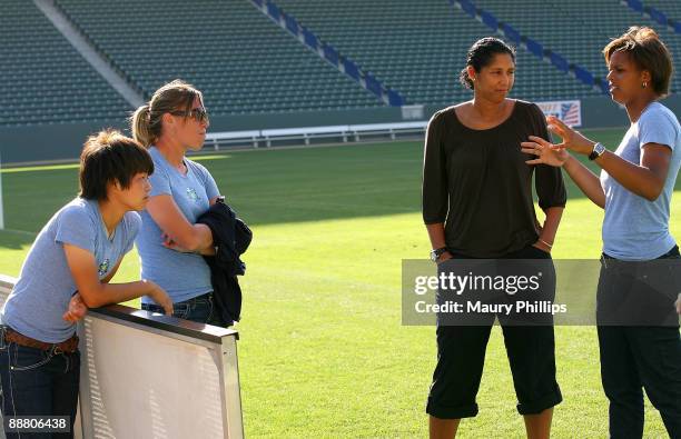 Los Angeles Sol players Aya Miyama , Camille Abily , president of the FIFA Women's World Cup Organizing Committee Steffi Jones and goalkeeper Karina...