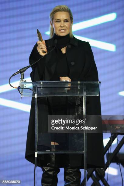Yolanda Hadid accepts the Vanguard Award on behalf of her daughter Gigi Hadid, onstage at the Pencils of Promise Annual Gala 2017 in Central Park on...