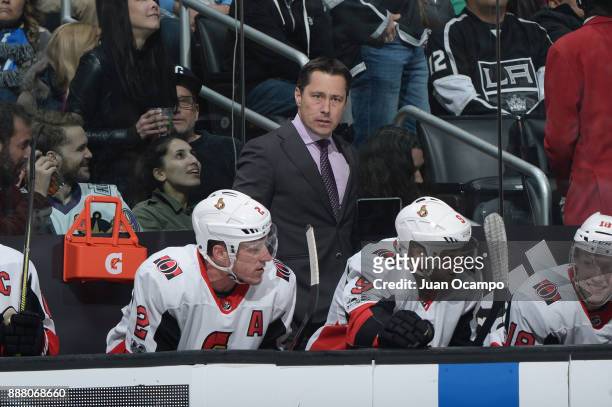 Ottawa Senators Head Coach Guy Boucher looks on during a game against the Los Angeles Kings at STAPLES Center on December 7, 2017 in Los Angeles,...