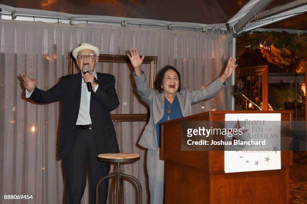 Norman Lear and Dolores Huerta speak onstage during Norman Lear's 95th Birthday Celebration on December 7, 2017 in Los Angeles, California.