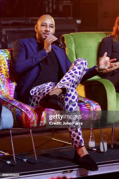 Swizz Beatz speaks onstage as part of the "Future of Art" panel discussion during the VIP Preview of BACARDI, Swizz Beatz And The Dean Collection...