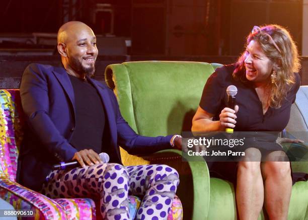 Swizz Beatz and Anne Pasternak speak onstage as part of the "Future of Art" panel discussion during the VIP Preview of BACARDI, Swizz Beatz And The...