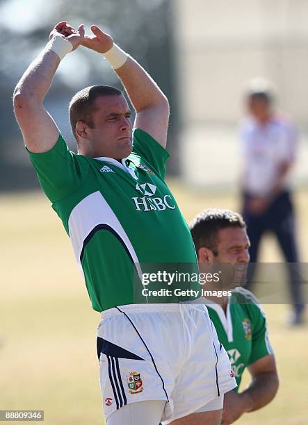 British and Irish Lions players Phil Vickery and Joe Worsley warm up during training at St David's school on July 3, 2009 in Johannesburg, South...