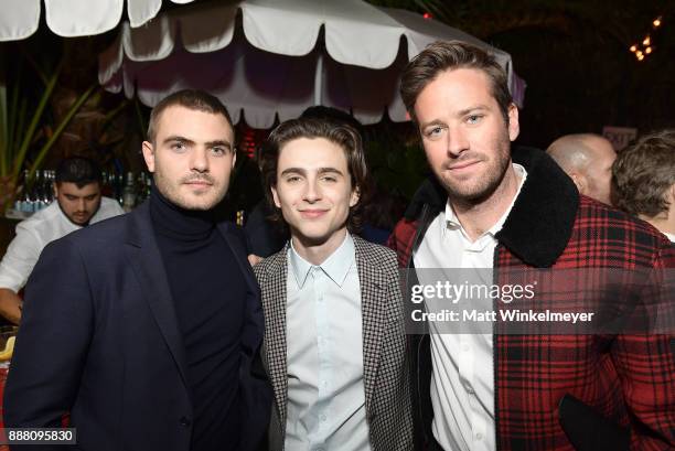 Alex Roe, Timothee Chalamet, and Armie Hammer attend the 2017 GQ Men of the Year party at Chateau Marmont on December 7, 2017 in Los Angeles,...