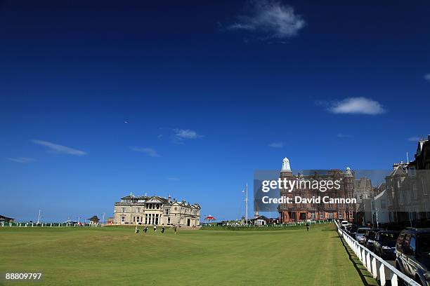 The Royal and Ancient Golf Club of St Andrews Clubhouse with the 1st tee and the par 4, 18th hole on the Old Course on July 2, 2009 in St Andrews,...