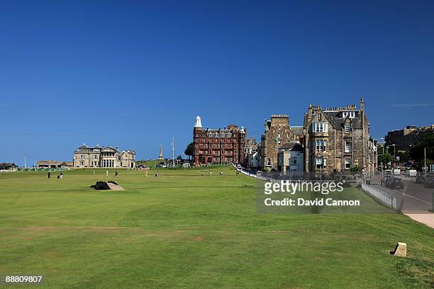 The Royal and Ancient Golf Club of St Andrews Clubhouse with the 1st tee and the par 4, 18th hole on the Old Course on July 2, 2009 in St Andrews,...