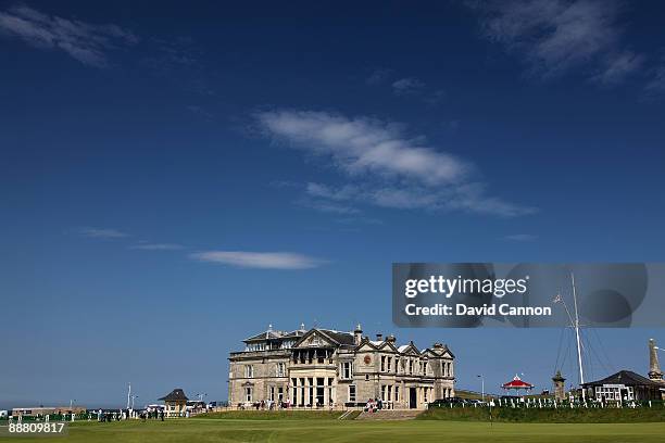 The Royal and Ancient Golf Club of St Andrews Clubhouse with the 1st tee and the par 4, 18th hole on the Old Course on July 2, 2009 in St Andrews,...