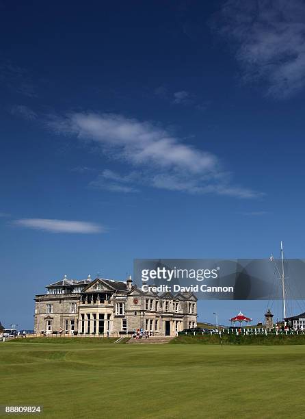 The Royal and Ancient Golf Club of St Andrews Clubhouse with the 1st tee and the par 4, 18th hole on the Old Course on July 2, 2009 in St Andrews,...