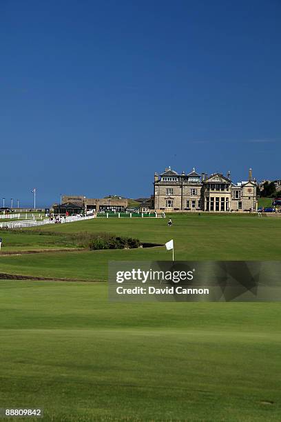 View of the 1st green with the Royal and Ancient Golf Club of St Andrews Clubhouse with the 1st fairway and the par 4, 18th hole on the Old Course on...