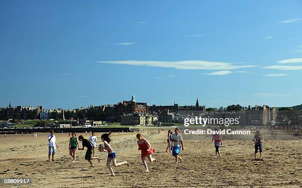 View of the Royal and Ancient Golf Club of St Andrews Clubhouse, the town and the Old Course from the West Sands on July 2, 2009 in St Andrews,...