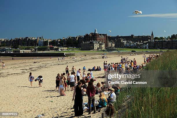 View of the Royal and Ancient Golf Club of St Andrews Clubhouse, the town and the Old Course from the West Sands on July 2, 2009 in St Andrews,...